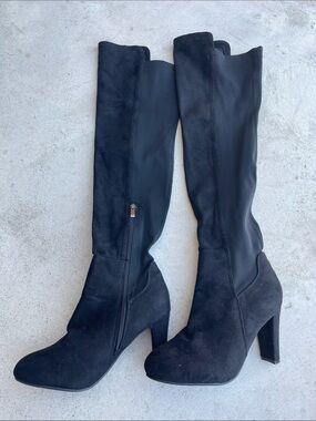 NEW Black Stretch Knee High Boots Size 8 (Fits Women’s 9) Block Heel Faux Suede